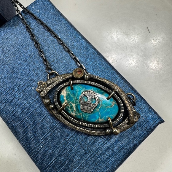 Turquoise Silver Skull/Eye Pendant Necklace - Picture 3 of 7